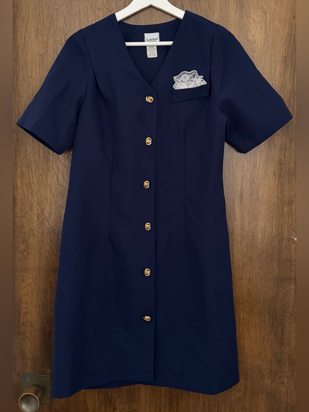 Vintage Earth Angel Navy blue gold Button-Front V-neck shift Dress, size 13/14